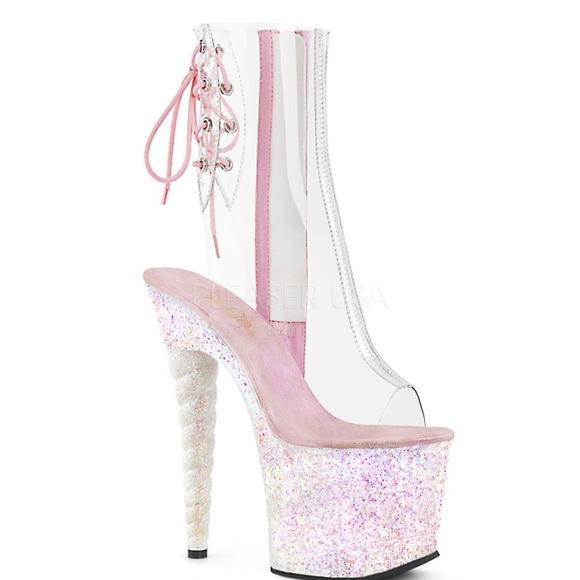 Pleaser Unicorn Pink and White Glitter Platform Heels - Picture 3 of 9